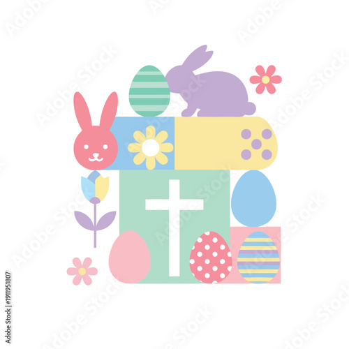 Easter celebration set with cute bunnies, colorful eggs, cross, and flowers