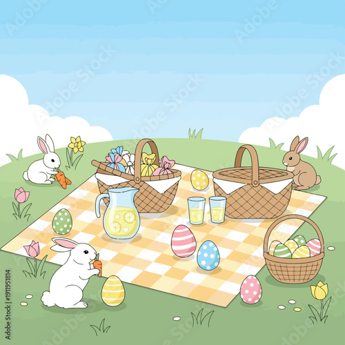 Cute easter bunnies enjoying picnic on plaid blanket with eggs and lemonade