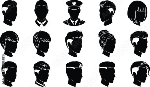 Hairstyle silhouette vector illustration diverse men women haircuts buns long short undercut professional cap fashion design contemporary style 