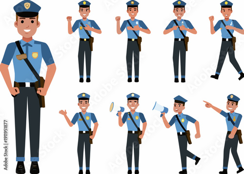 Cartoon police officers in various poses and actions vector illustration