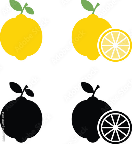 Yellow Lemon Icon Set with Whole and Sliced Fruit and Black Silhouette Version, Minimalist Citrus Lemon Vector Collection for Kitchen Decor and Juice Branding Vector Illustration