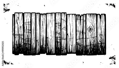 Rustic wooden fence made of vertical planks in hand drawn ink sketch style