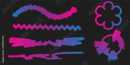Various stylized shapes in pink and blue gradient on a black background.
