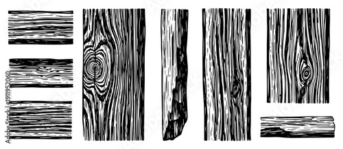 Collection of various wood grain textures and timber elements in vintage engraving style