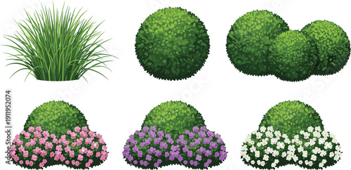 Green Wild Grass Tufts and Flowering Garden Bush Vector Set with Pink Purple and White Blooms for Landscape Design Nature Illustration and Outdoor Scene Backgrounds (25 words)