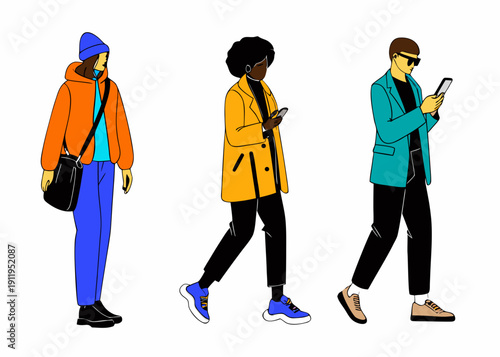 Three diverse people walking and using their mobile phones outdoors