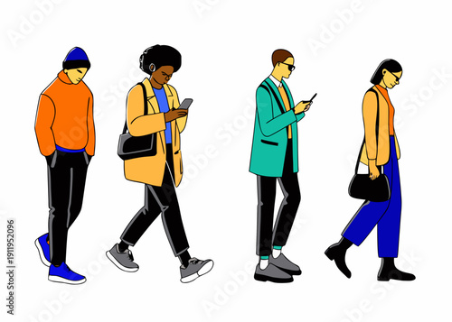 Four people walking each absorbed in their mobile phones