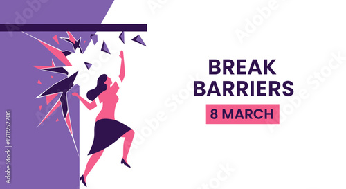 Woman breaking through barriers on international women's day with shattered glass and purple background