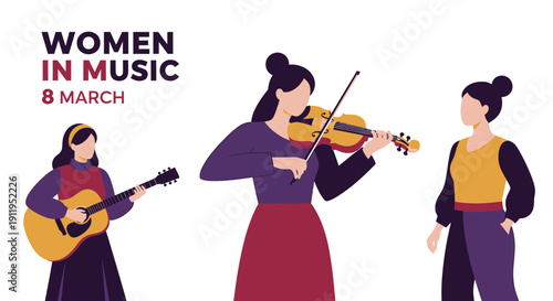 Women in music celebration on international women's day with musicians playing guitar and violin