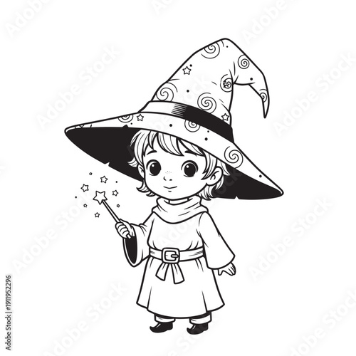 Adorable young girl in a wide brim witch hat holding a sparkly wand illustration.