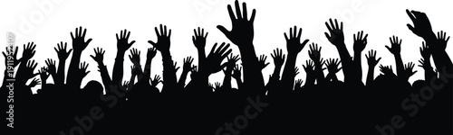 Large group of hands raised up silhouette on white background for concert, protest, voting, volunteering, success, and community support concept.
