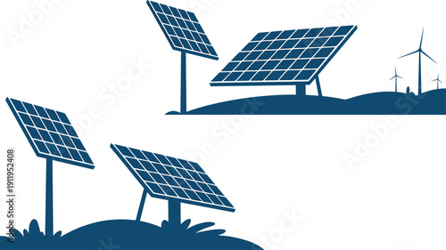 Blue silhouette of solar panels and wind turbines on hills, renewable energy farm for sustainable power, flat vector illustration isolated.