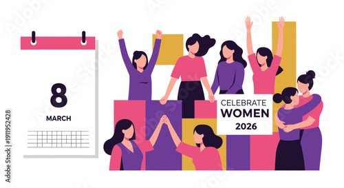 Diverse group of women celebrating international women's day on march 8 2026 with colorful blocks and a calendar symbolizing empowerment and solidarity