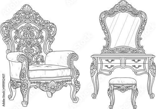 Ornate antique armchair vanity set vector illustration baroque furniture carved wood decorative mirror stool classical interior design luxury concept