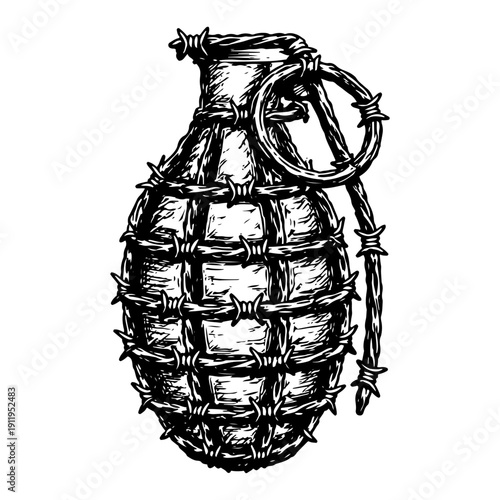 Explosive hand grenade wrapped in barbed wire in vintage ink style