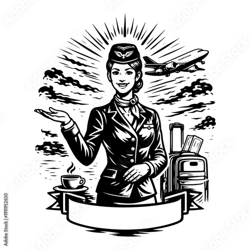 Friendly female flight attendant standing with travel luggage and airplane in vintage engraving style