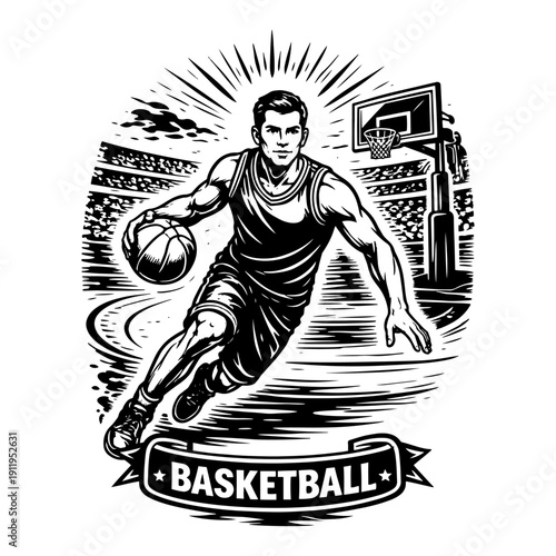 Basketball player dribbling ball on court vector illustration in vintage engraving style