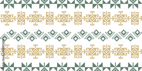 Ethnic tribal pixel art border with green and gold geometric motifs. Ideal for textile patterns, folk-style branding, stationery borders, and digital scrapbooking backgrounds.