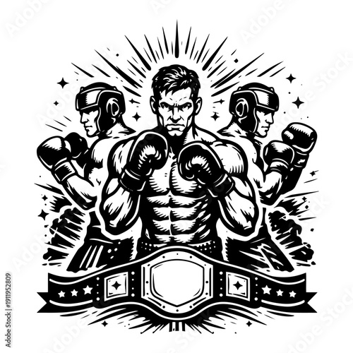 Professional boxers and championship belt in vintage hand drawn engraving style