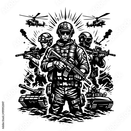 Military army forces with soldiers tanks and helicopters in vector ink sketch style