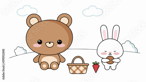 Cute bear and rabbit having picnic together