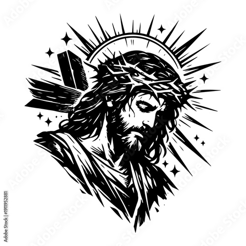 Portrait of Jesus Christ with crown of thorns in hand drawn ink engraving style