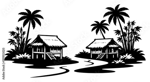 Tropical beach bungalows with palm trees on a sandy coast in hand drawn sketch style