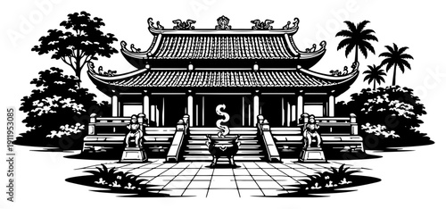 Majestic oriental temple architecture with grand staircase and palm trees in woodcut style