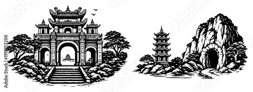Traditional asian gate and pagoda architecture with mountain scenery in engraving style