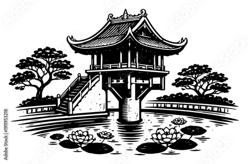 Traditional wooden pagoda on water with lotus flowers and garden in vintage style