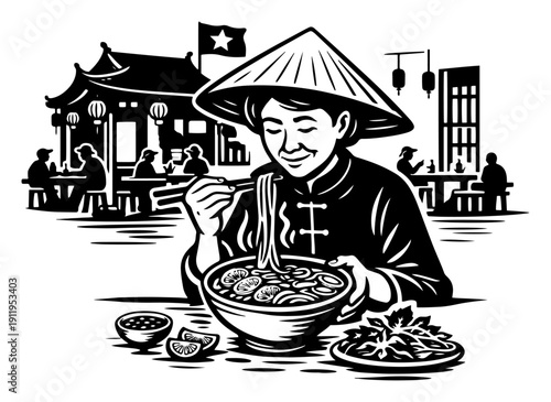 Vietnamese man wearing conical hat enjoying traditional noodle soup at a street stall