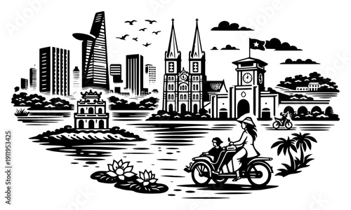 Famous landmarks of Vietnam including cathedral and modern skyscrapers in woodcut style