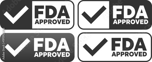 Black and gray FDA approved badges with check mark icons in rounded styles for certification display