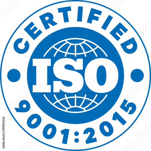 Blue circular ISO certified badge shows globe and text indicating quality standard