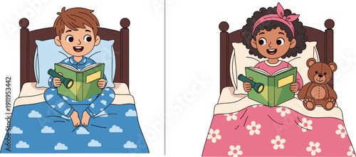 Happy children reading books in bed with flashlights cute vector cartoon illustration of boy and girl enjoying bedtime stories at night in bedroom