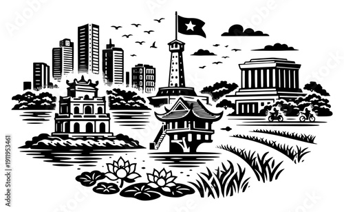 Collection of iconic Hanoi landmarks and traditional symbols in vintage engraving style