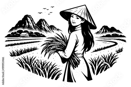 Beautiful Vietnamese woman in conical hat holding rice bundles in rural landscape