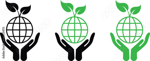 Eco care world icon set featuring hands holding a globe with growing leaves
