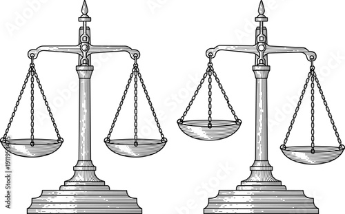 Three balanced golden scales of justice on white background