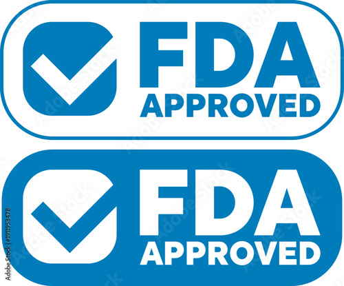 FDA approved labels with check icons in rounded rectangle styles on a blue background