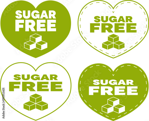 Four green heart-shaped badges show the words Sugar Free in white text
