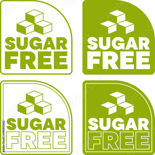 Four sugar free label designs with cube icons in rounded square shapes on a white background