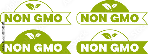 Green non GMO ribbon badges with leaf icon in flat eco label design for products and marketing