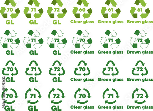 Different styles of glass recycling icons with codes for clear, green, and brown glass types