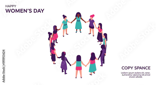 Diverse women in colorful clothes holding hands in a circle on white background for women's day