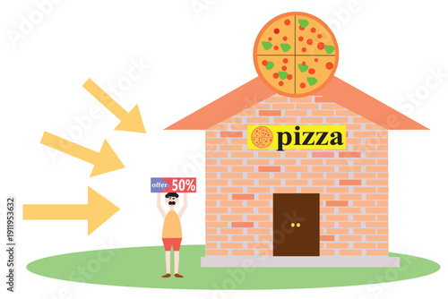 Pizza Restaurant Promotion. Man Holding 50% Discount Offer Board Flat Illustration.