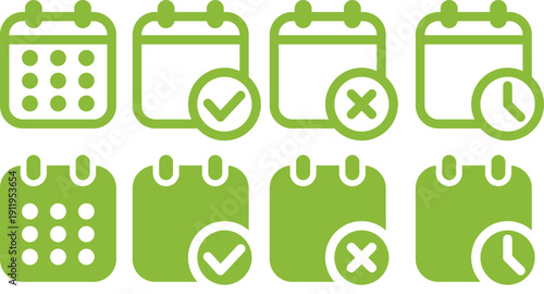Green calendar icons showing check, cross and clock status representations for tracking time