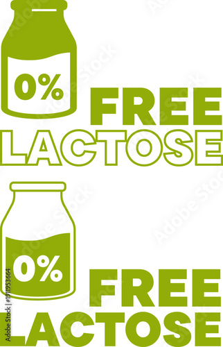 Green lactose free labels with milk bottle and percent icon in two styles for product use