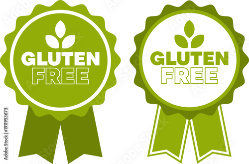 Green gluten free badge seals with leaf icon and ribbon tails in two styles for marketing