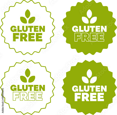 Green gluten free badge set with wheat icon in solid and outline styles for branding and labeling